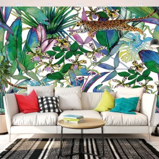 Fotomural o papel pintado flores tropicales leopardo acuarela