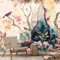 Fotomural o papel pintado ilustración acuarela paisaje colibrí