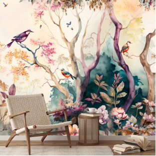 Fotomural o papel pintado ilustración acuarela paisaje colibrí