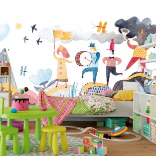 Fotomural o papel pintado ilustración infantil acuarela marcha músicos