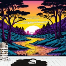 Fotomural o papel pintado ilustración bosque atardecer