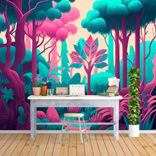 Fotomural o papel pintado ilustración bosque tono pastel