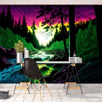 Fotomural o papel pintado ilustración colorida bosque pinos