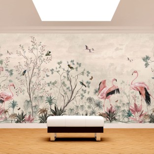 Fotomural o papel pintado ilustración vintage flamingos y flores