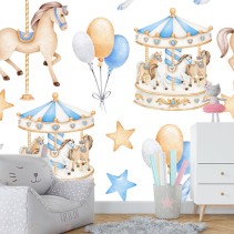 Fotomural ilustración infantil carrusel estrellas y globos