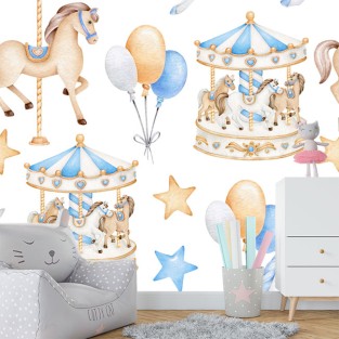 Fotomural ilustración infantil carrusel estrellas y globos