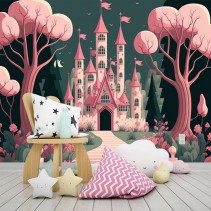 Fotomural o papel pintado infantil  ilustración castillo rosa