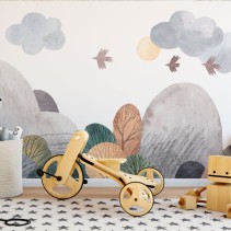 Fotomural ilustración infantil  en acuarela montañas y aves