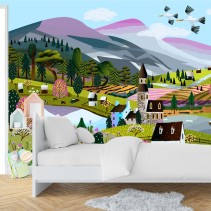 Fotomural o papel pintado ilustración pueblo infantil