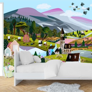 Fotomural o papel pintado ilustración pueblo infantil