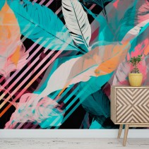 Fotomural ilustración hojas con diagonales coloridas