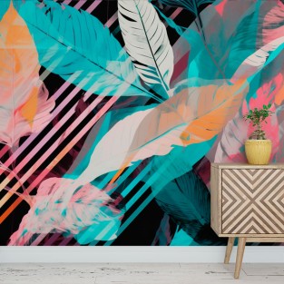 Fotomural ilustración hojas con diagonales coloridas