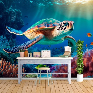 Fotomural o papel pintado paisaje marino con tortuga primer plano