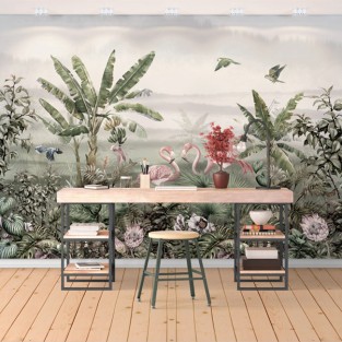 Fotomural o papel pintadopaisaje tropical con flamingos