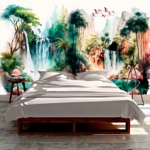 Fotomural o papel pintado ilustración paraiso tropical con flamingos