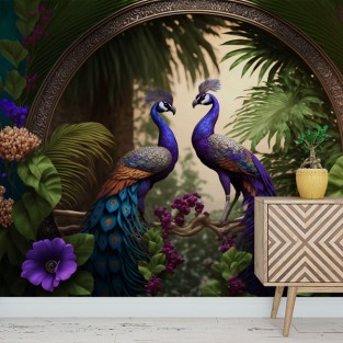 Fotomural o papel pintado ilustración pareja pavo real y flores