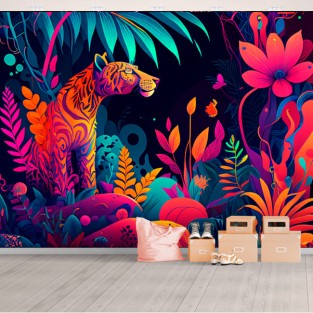 Fotomural o papel pintado dibujo selva jaguar colorido