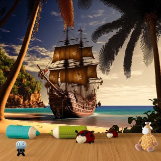 Fotomural o papel pintado barco pirata en playa