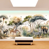 Fotomural paisaje africano elefantes cebras jirafas