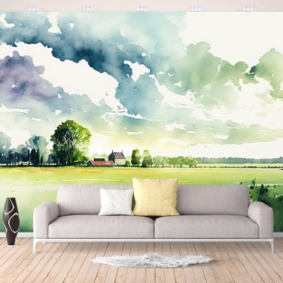 Fotomural o papel pintado acuarela paisaje campo y casa