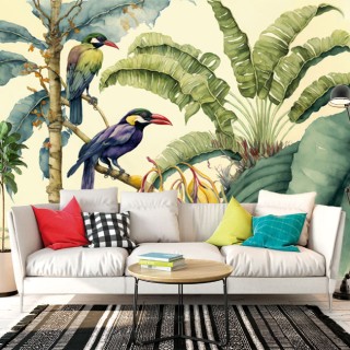 Fotomural o papel pintado plantas y aves tropicales en acuarela