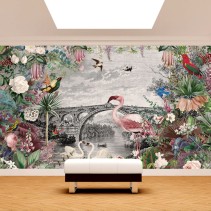 Fotomural o papel pintado vintage puente con flores y aves