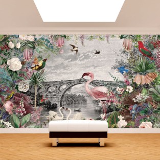 Fotomural o papel pintado vintage puente con flores y aves Fotomural o papel pintado vintage puente con flores y aves