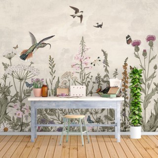 Fotomural o papel pintado flores vintage aves colibri