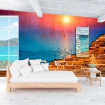 Fotomural pared rota con atardecer en el mar
