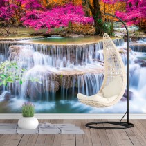 Fotomural paisaje con cascada y flores