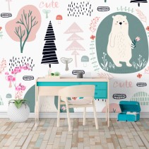 Fotomural infantil dibujos árboles flores y osos
