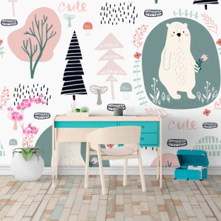 Fotomural infantil dibujos árboles flores y osos