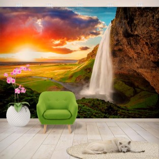 Fotomural atardecer cascada seljalandsfoss islandia