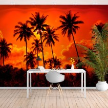 Fotomural o papel pintado palmeras y atardecer en la playa