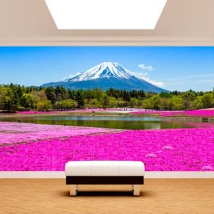 Fotomural paisaje flores rosas monte fuji