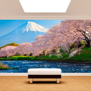 Fotomural paisaje monte fuji árboles flor de cerezo