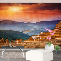 Fotomural efecto pared rota atardecer paisaje montaña