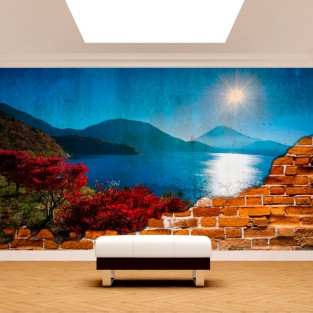 Fotomurales atardecer lago monte fuji efecto pared rota