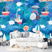 Fotomural o papel pintado barcos y globos acuarela