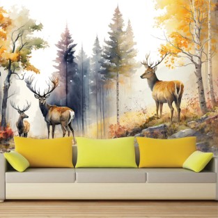 Papel pintado o fotomural bosque otoñal con renos Papel pintado o fotomural bosque otoñal con renos