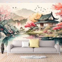 Papel pintado o fotomural acuarela paisaje asiático
