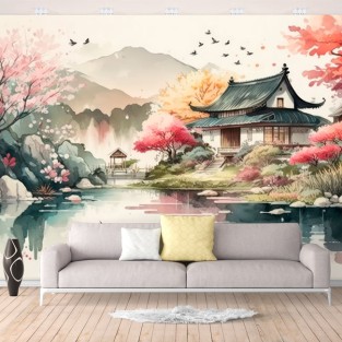 Papel pintado o fotomural acuarela paisaje asiático Papel pintado o fotomural acuarela paisaje asiático
