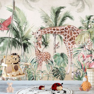 Papel pintado acuarela selva tropical jirafas