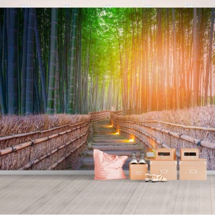 Papel pintado camino bosque bambú atardecer