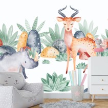 Papel pintado infantil dibujo acuarela animales bebés