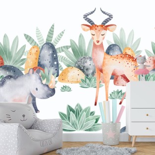 Papel pintado infantil dibujo acuarela animales bebés