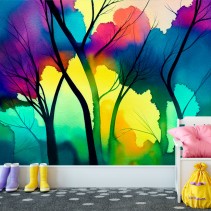 Fotomural dibujo acuarela árboles coloridos juvenil
