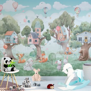 Papel pintado dibujo acuarela infantil animales casas y globos