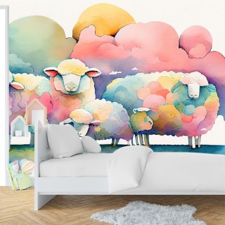 Papel pintado o fotomural paisaje ovejas nubes en acuarela