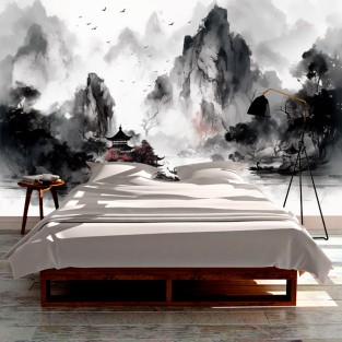 Papel pintado o fotomural acuarela paisaje asiático lago y templo